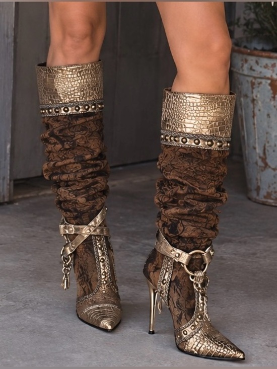 Wild Rose Shoes - Vintage Y2K Wild Rose Brown & Gold Snakeskin Print Boots